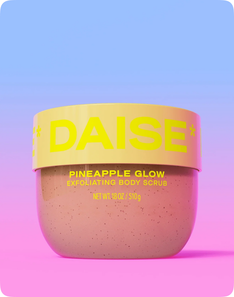 DAISE Pineapple Glow exfoliating body scrub container on a gradient background