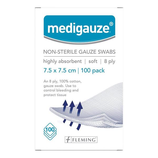 Medigauze non sterile gauze swabs 7,5 x 7,5 cm- 100 pack