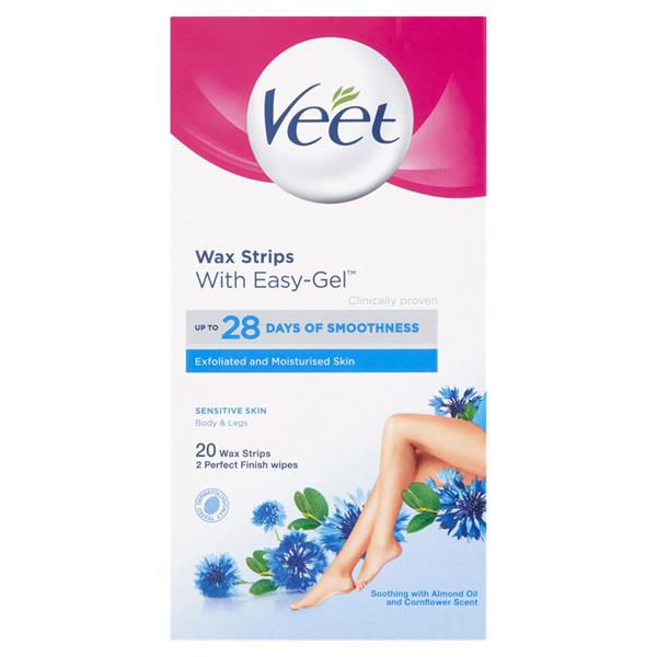 Veet - Wax Strips With Easy-Gel - Sensitive Skin - Body & Legs (20 Wax Strips + 2 Finish Wipes)
